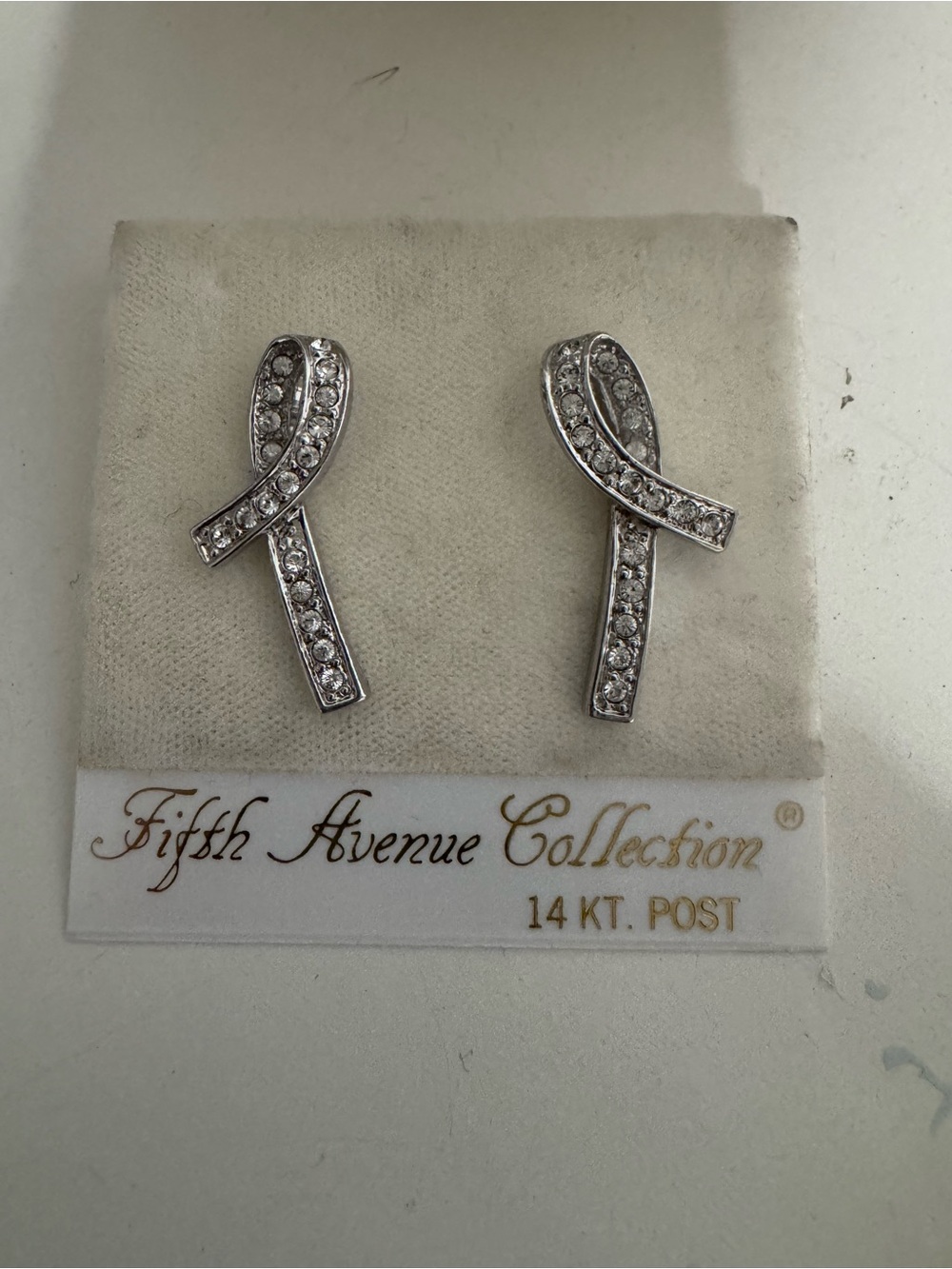 Silver Ribbon Crystal Stud Earrings - White
